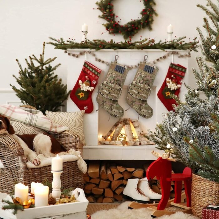 Tactical Christmas Stocking, with Flag Patch MOLLE Webbing, Zip Pocket, MOLLE Clips, Gift for Veterans Military Patriotic and Outdoorsy People, Khaki Camouflage - Image 4