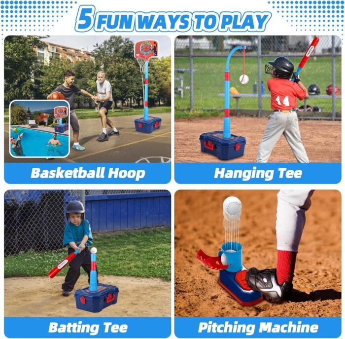 4 in 1 Basketball Hoop for Kids 1-3, 3-5, Toddler Basketball Goal and T Ball Set, Adjustable Basketball Hoop, Indoor Outdoor Sports Toys, Birthday Gifts for Kids Boys 1 2 3 4 5 Years Old - Image 2