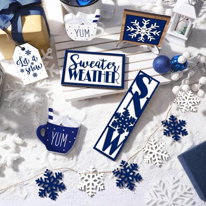 Jetec 12 Pieces Christmas Tiered Tray Decor Winter Snowflake Wooden Sign Table Decorations Farmhouse Coffee Bar Signs Snowflake Winter Tray Decor for Home Xmas Holiday Tabletop(Blue) - Image 5