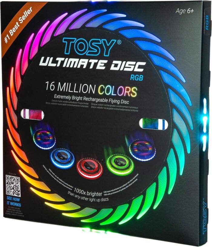 TOSY Flying Disc - 16 Million Color RGB or 36 LEDs, Extremely Bright, Smart Modes, Auto Light Up, Rechargeable, Cool Fun Christmas, Birthday & Camping Gift for Men/Boys/Teens/Kids, 175g Frisbee