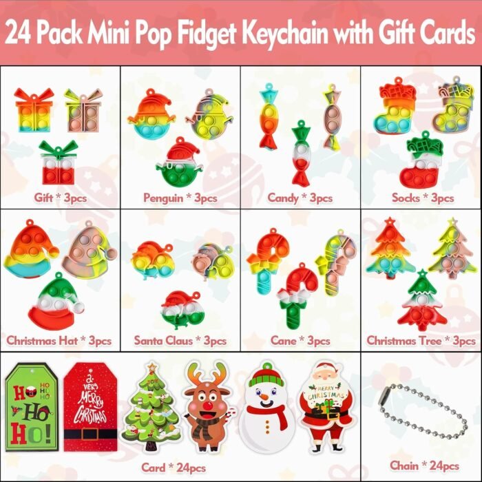 Christmas Party Favors for Kids - 24 Pack Mini Pop Fidget Keychain with Gift Cards for Toddler Kids Classroom Gifts Christmas Stocking Stuffers Gifts, Christmas Treats Goodies - Image 3