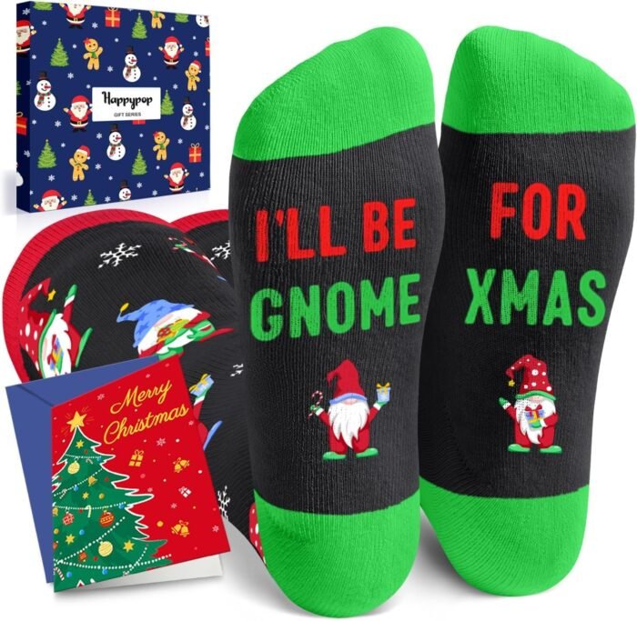 HAPPYPOP Christmas Gifts Stocking Socks for Women - Gnome Knee High Christmas Socks for Women, Gnome Gifts for Teens With Greeting Card