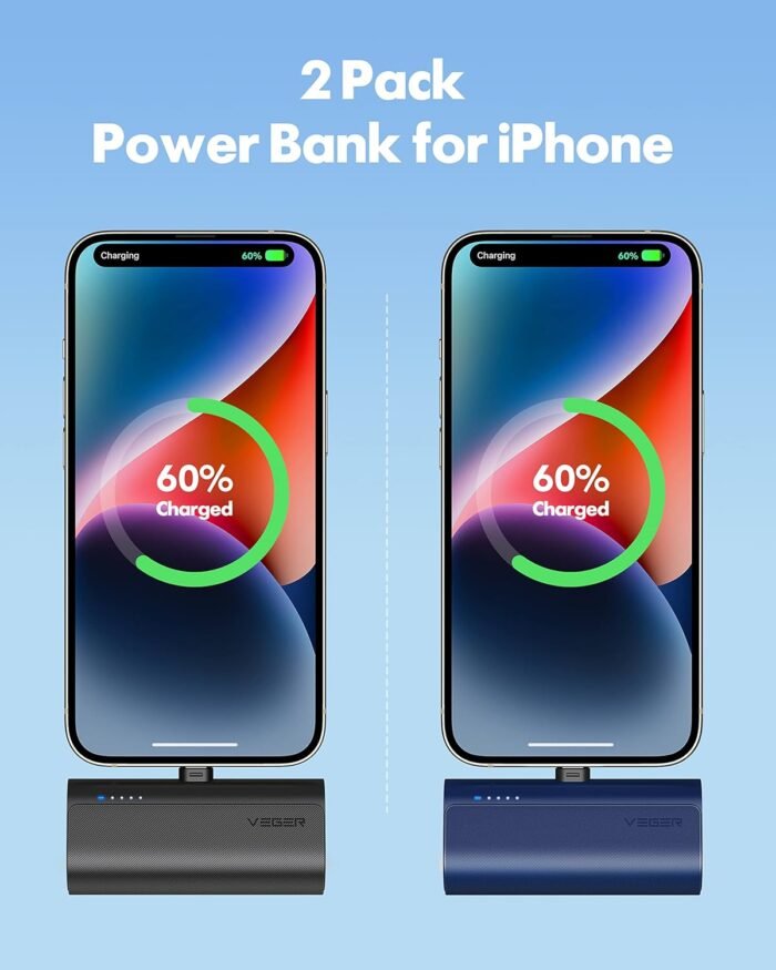 VEGER 2 Pack Portable Chargers for iPhone, 5000mAh Mini Fast Charging Power Banks 20W PD Portable External Battery Compatible with iPhone 14, 13, 12, 11, 8, 7, XS Max, Pro Max, AirPods (Black+Blue) - Image 2