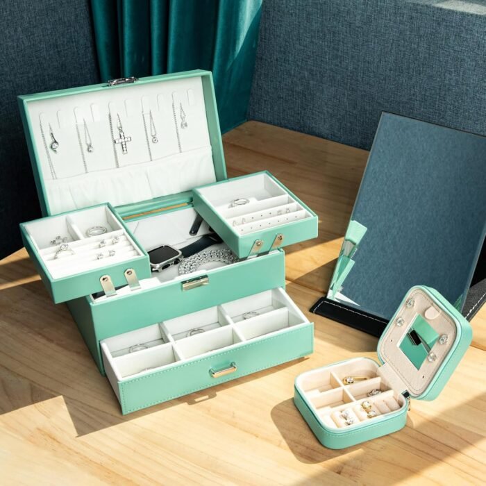 AnuClub Small Jewelry Box, Travel Jewelry Organizer Boxes for Women Portable PU Leather Jewellery Storage Case with Mirror for Earring Ring Necklace - Image 8