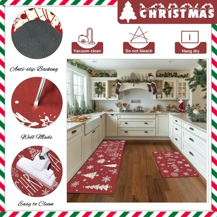 Merry Christmas Kitchen Rug Xmas Trees Winter Snowflake Let It Snow Kitchen Mats Set of 2 for Christmas Home Decor Low-Profile Kitchen Rug Set, 17x 30'' and 17x 47'' (Red, 17''x 30'' + 17''x 47'') - Image 4