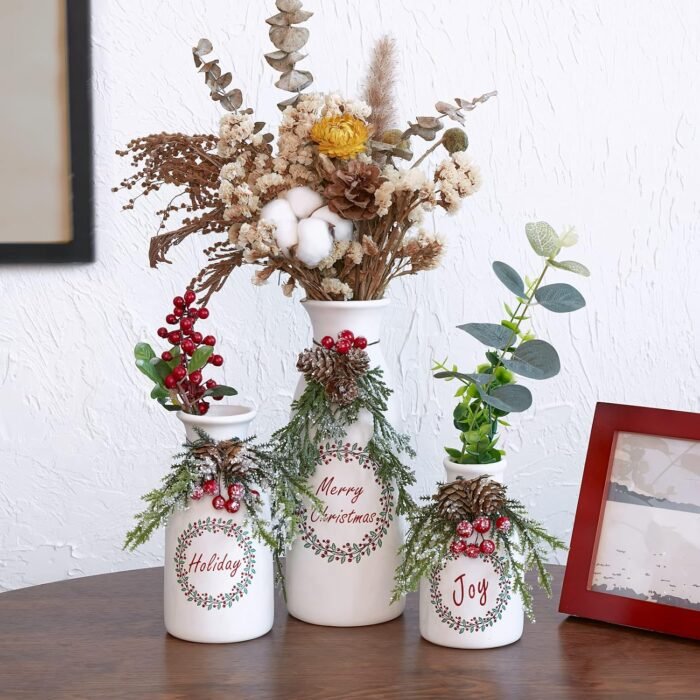 Artificial Christmas 3-Piece Set Flocked with Mixed Xmas Decorations Ceramic White Bottles - Image 6