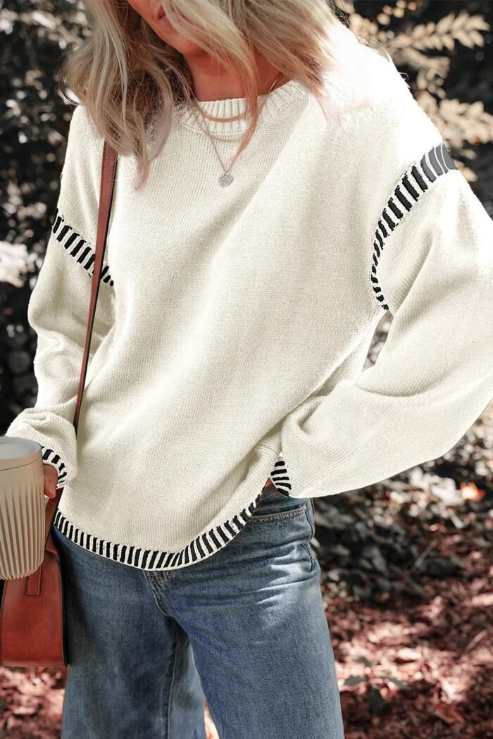 Dokotoo Sweaters for Women Fashion Solid Crewneck Loose Fit Long Sleeve Contrast Cable Knit Pullover Sweater Jumper Tops - Image 3