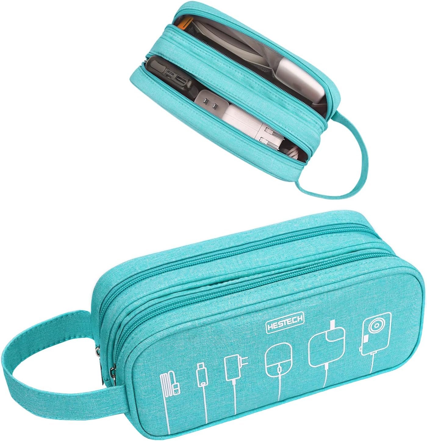 HESTECH Electronics Organizer Travel Charger Case Cord Cable Organizer Bag Portable Waterproof Double Layers All-in-one Storage for Charger Mouse Earbud USB Drive (Teal, Medium)