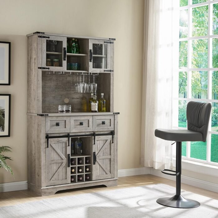 OKD 72" Farmhosue Bar Cabinet with Sliding Barn Door, Large Kitchen Buffet with Hutch w/Wine & Glasses Rack, 3 Drawers, 12 Storage Shelves, Rustic Coffee Bar Sideboard Table, Light Rustic Oak - Image 10