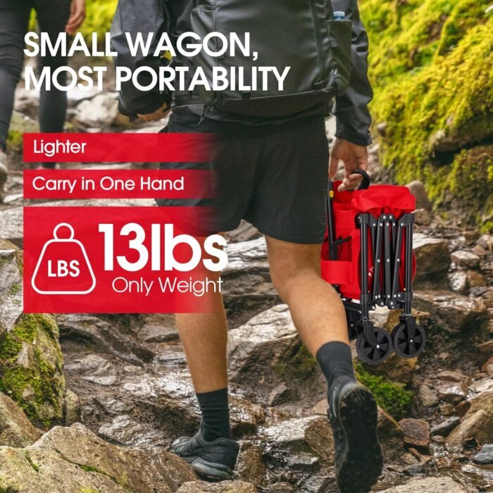 Collapsible Wagon Cart Foldable 360 LBS, Portable Garden Wagon Cart All Terrain with Large Capacity, Heavy Duty Folding Utility Wagon Cart for Groceries, Sports, Shopping, Camping Outdoor, Red - Image 4