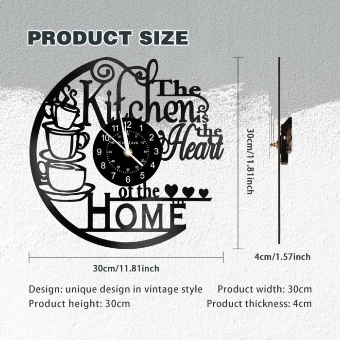 12 Inch Kitchen Vinyl Record Wall Clock, Kitchen Heat Home Theme Wall Clock, Coffee Bar Decor, Coffee Wall Decor for Kitchen Office Living Room, for Women Wives, Black - Image 3