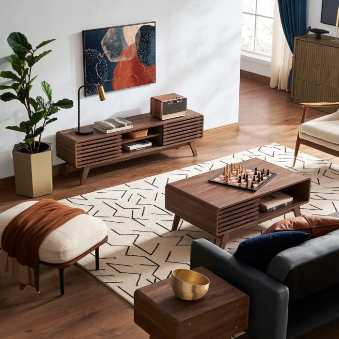 mopio Ensley TV Stand, Mid Century Modern TV Stand for 55/60/65 inch TV, Farmhouse TV Stand, Entertainment Center with Storage, TV and Media Consol for Living Room (Walnut, 59") - Image 4