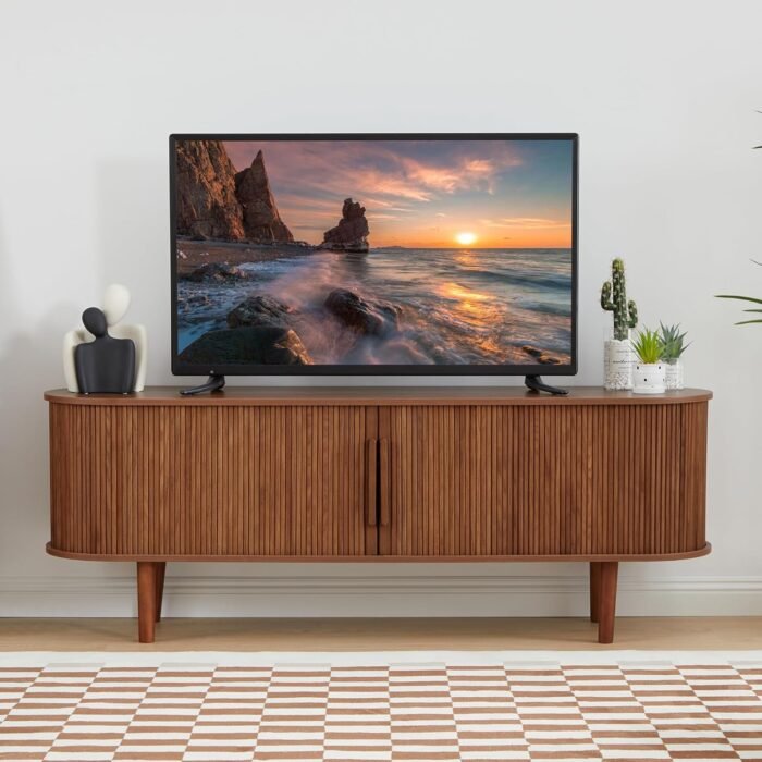 TV Stand, Modern TV Console Table with Storage Compartment and Sliding Door, Gaming Entertainment Center with Cabinet for Living Room, Bedroom, Office (Walnut)