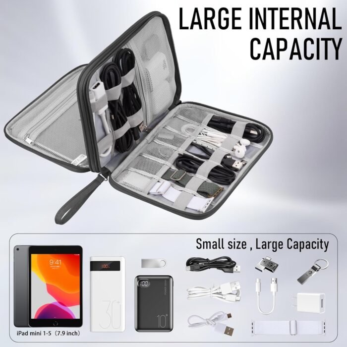 Arae Electronic Organizer, Travel Cable Organizer, Double Layers Portable Waterproof Pouch, Electronic Accessories Storage Case for Cable, Cord, Charger, Phone, Earphone (Dark Gray, L) - Image 3