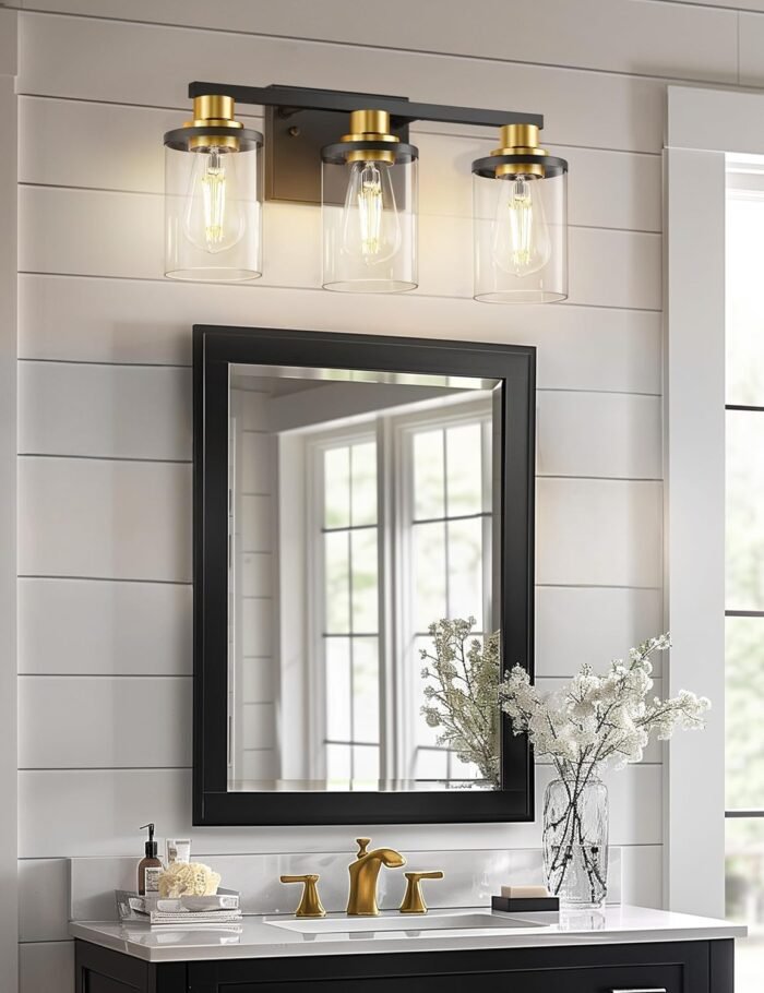 L LOHAS LED 3-Light Black and Gold Bathroom Light Fixtures,Modern Bathroom Lighting Fixtures Over Mirror with Clear Glass Shade, Bathroom Vanity Lights for Bathroom, ETL Listed - Image 2