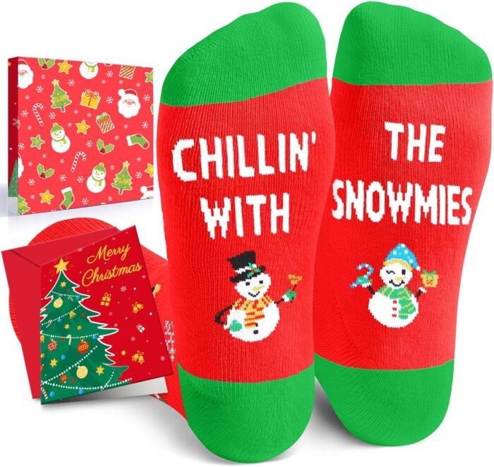 HAPPYPOP Christmas Gifts Stocking Socks for Teens - Christmas Red Snowman Socks Xmas Stocking Stuffers for Women Men With Greeting Card