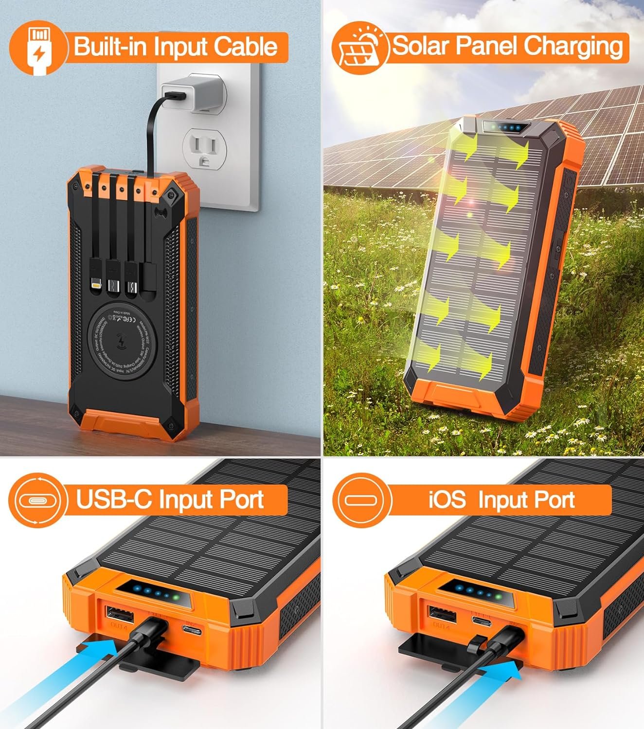 GOODaaa Power Bank Wireless Charger 36000mAh Built in 4 Cables Six Outputs 15W Fast Charging Power Bank for All Mobile Devices Three Inputs Solar Portable Charger with Dual Flashlights, Carabiner - Image 5