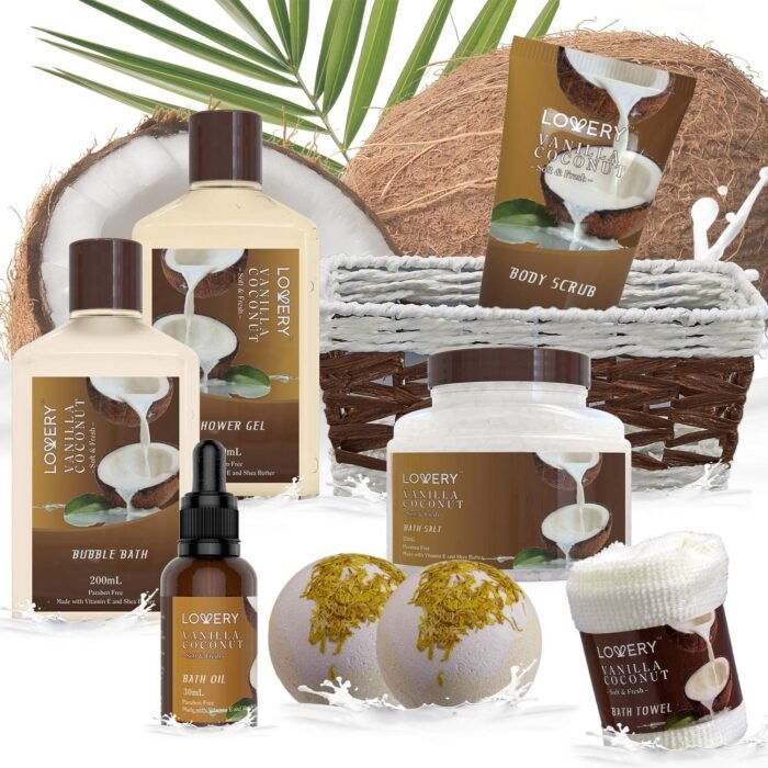 Bath and Body Gift Basket For Women and Men – 9 Piece Set of Vanilla Coconut Home Spa Set, Includes Fragrant Lotions, Extra Large Bath Bombs, Coconut Oil, Luxurious Bath Towel & More - Image 5