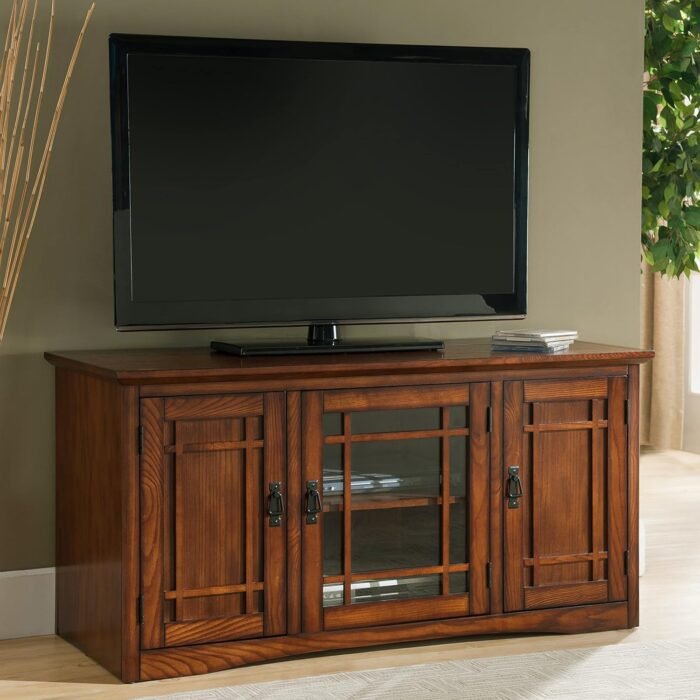 Leick Home 82350 Solid Wood Mission Oak Three Door TV Stand For 55" TVs Universal TV Console Living Room Storage Shelves Entertainment Center, Mission Oak - Image 2