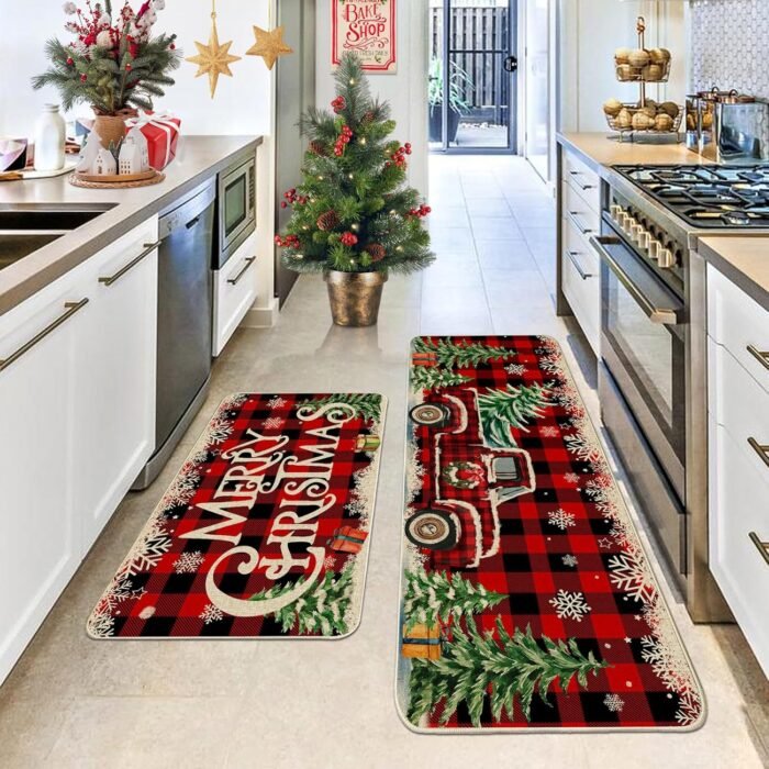 Christmas Kitchen Mats for Floor, Christmas Kitchen Rugs Set of 2 - Farmhouse Truck Red Buffalo Plaid Christmas Kitchen Decor - Christmas Decorations for Bathroom,Home,Indoor 17"x27+17"x47" - Image 2