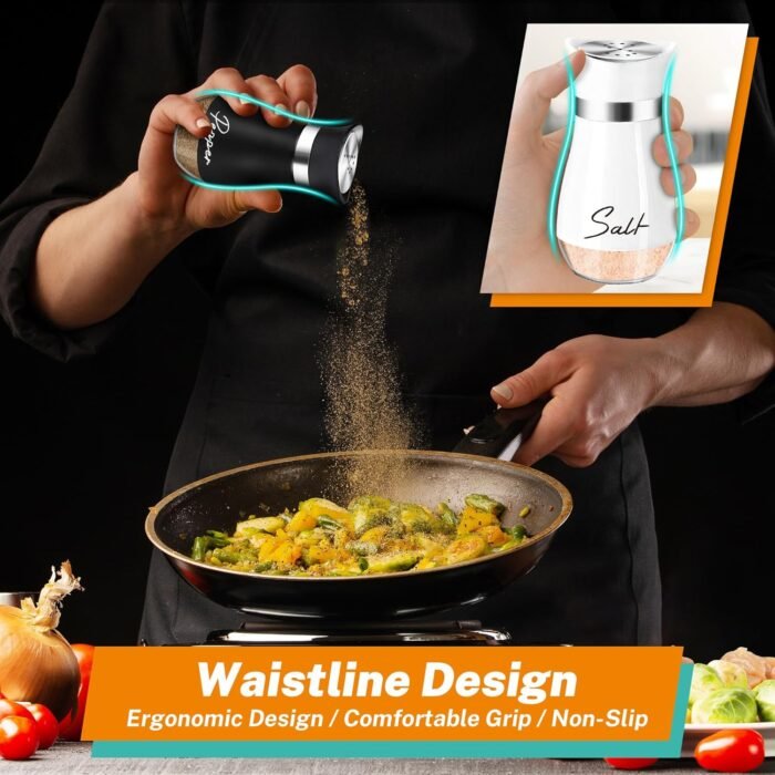 Salt and Pepper Shakers Set with Holder,4 oz Bottom Salt Shaker with Stainless Steel Lid for Kitchen Gadgets Cooking Table Housewarming Gift Christmas Decor Refillable Design (Black + White) - Image 5