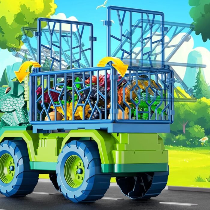 TEMI Dinosaur Truck Toys for Kids 3-5 Years, Tyrannosaurus Transport Car Carrier Truck with 8 Dino Figures, Activity Play Mat, Dinosaur Eggs, Trees, Capture Jurassic Play Set for Boys and Girls - Image 7