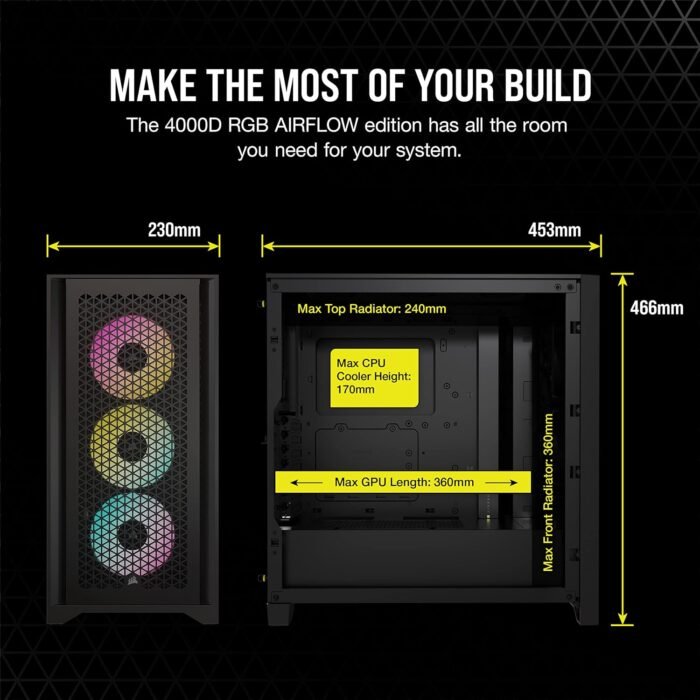 Corsair iCUE 4000D RGB Mid-Tower Case - 3X AF120 RGB Elite Fans - Lighting Node PRO Controller - High-Airflow Design - RapidRoute Cable Management System - Black - Image 3