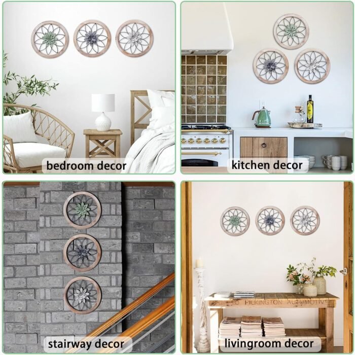 Paquesta 3 Piece Round Farmhouse Wall Decor with 6 Piece Interchangeable Flowers 12'' Medallion Wood & Metal Rustic Wall Art for Living Room Bedroom Kitchen Bathroom Dining Room Home Decorations - Image 5