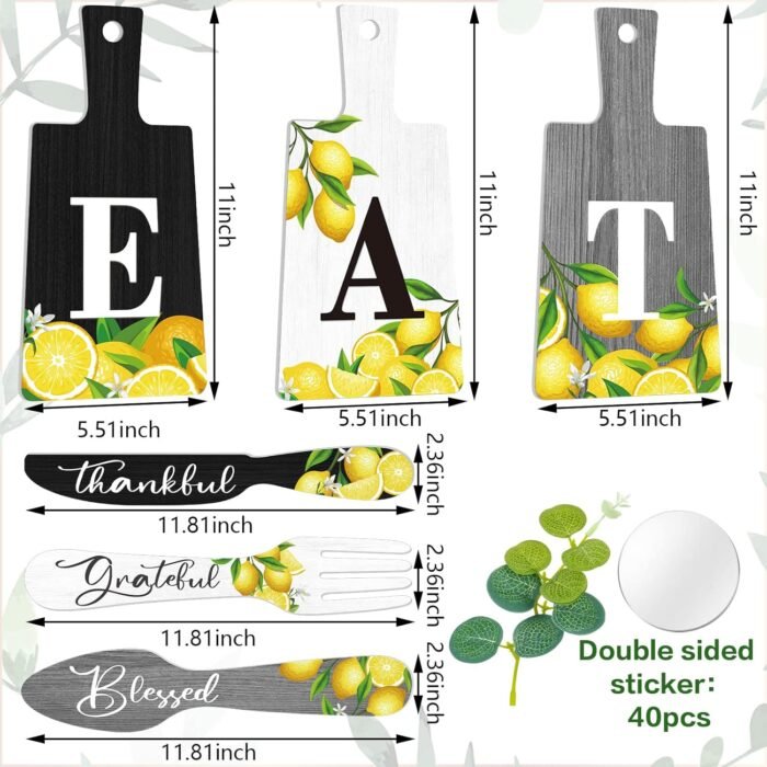 Qunclay 6 Pcs Lemon Cutting Board Eat Sign Set Fall Hanging Art Kitchen Eat Sign Lemon Knife Fork and Spoon Wall Decor Rustic Primitive Farmhouse Kitchen Christmas Decor(Black, White, Gray) - Image 3
