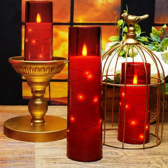Flameless LED Candles with Timer 5 Pc Flickering Flameless Candles for Romantic Ambiance and Home Decoration Stable Acrylic Shell,with Embedded Star String，Battery Operated Candles（Red） - Image 4