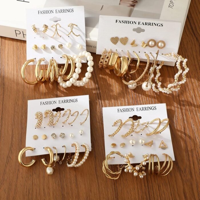 FAXHION 36 Pairs Gold Earrings Set for Women, Fashion Pearl Chain Link Stud Drop Dangle Earrings Multipack Hoop Earring Packs, Hypoallergenic Earrings for Birthday Party Jewelry - Image 6