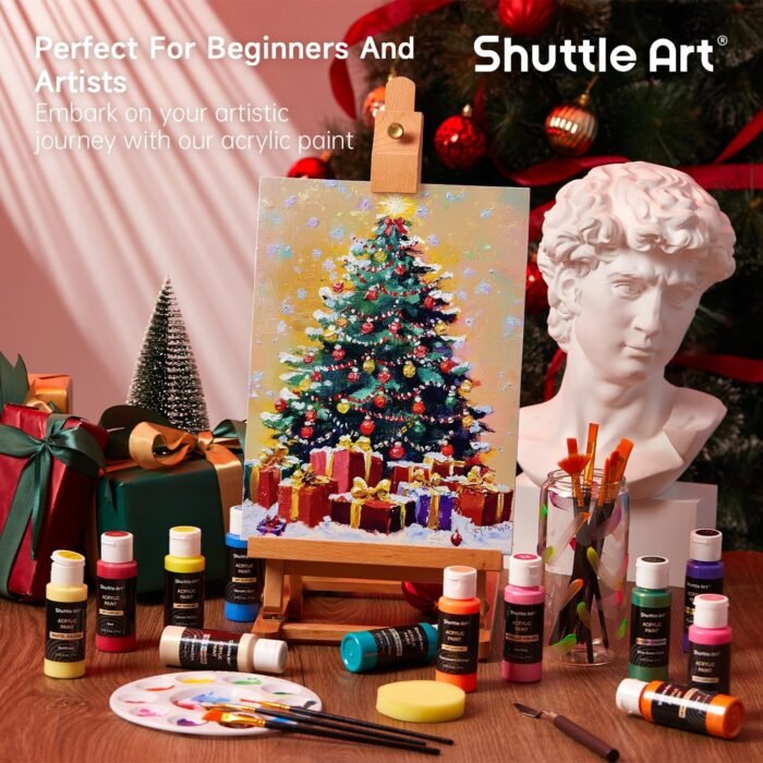 Shuttle Art 100 Colors Acrylic Paint, 2oz/60ml Bottles, Include 2 Sets of 12 Paint Brushes, 1 Art Sponge & Palette, Premium Acrylic Paint Set for Artists, Beginners & Kids on Canvas Rocks Wood Ceramic - Image 5