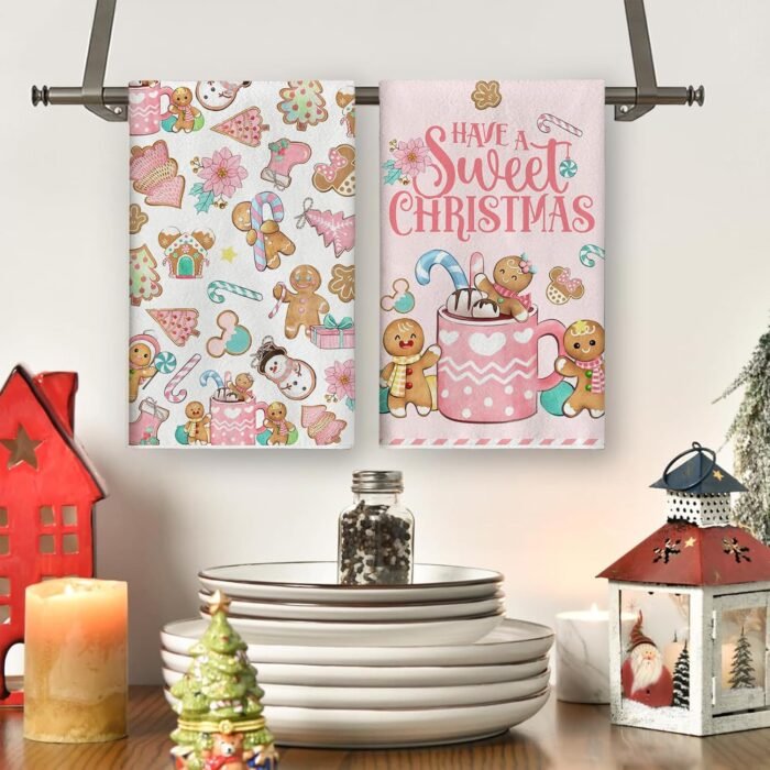 Pink Gingerbread Christmas Kitchen Towels Gingerbread Mouse Christmas Dish Towels Candy Cane Gingerbread Man New Year Xmas Kitchen Decor Christmas Decorations for Home Party - Image 3