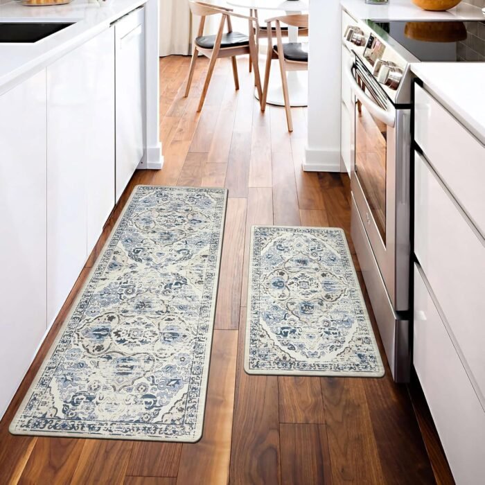 Ileading Kitchen Anti Fatigue Mat Set of 2 Non Skid Waterproof Kitchen Floor Mat Vintage Cushioned Comfort Standing Mat Boho Kitchen Rug Runner for Kitchen Sink Laundry, 17"x47"+17"x28", Blue - Image 2