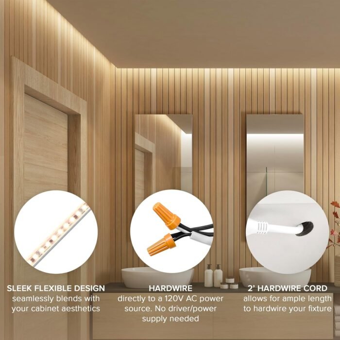 Maxxima 72 in. Hardwired LED Under Cabinet Strip Light, 2760 Lumens, 3000K Warm White, Kitchen and Living Room 120V White Cove Lighting, No Power Supply Needed - Image 4
