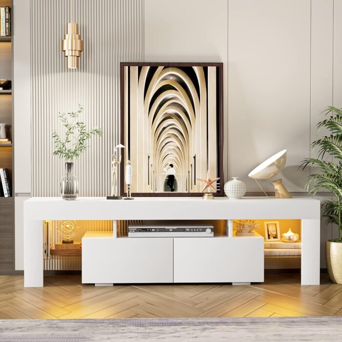 JUMMICO TV Stand, Modern Lighting TV Cabinet Entertainment Center Media and Open Shelf, TV Console Table with 1 Drawer and Remote Control, 20 Color LED Lights up to 70 Inch TV (White) - Image 7
