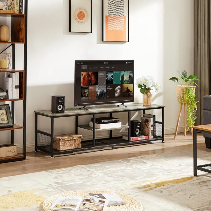 VECELO Industrial TV Stand for Televisions up to 70 Inch, 62" Entertainment Center with Open Storage Shelves for Living Room/Bedroom, 3 Tiers Media Console Table with Metal Frame, Grey, 62 Inches - Image 5