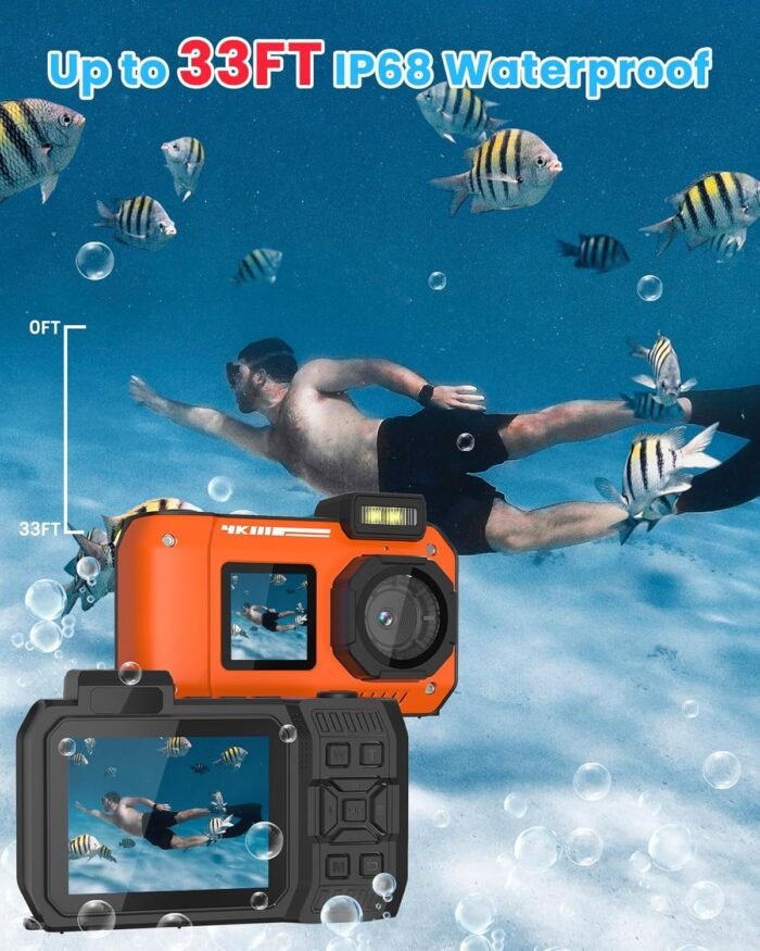 4K 33FT Digital Camera 48MP Underwater Camera Waterproof Camera Rugged Dustproof Shockproof,with 64GB Card Autofocus Selfie Dual-Screen Camera Snorkeling Zoom Point and Shoot Camera Type-C-Orange - Image 2