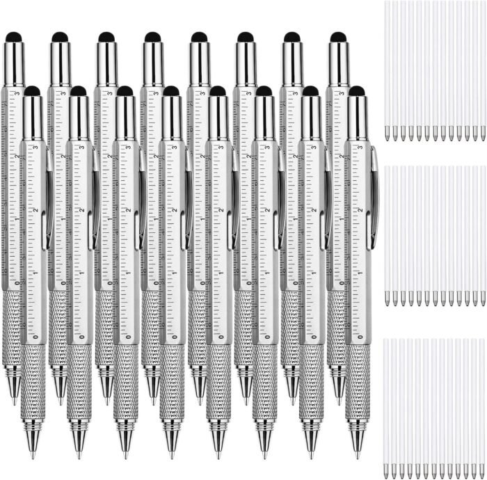 Zhanmai 16 Pieces Gift Pen Tool Pen 6 in 1 Multitool Tool Pen with Ruler, Levelgauge, Ballpoint Pen and Pen Refills, Unique Gifts for Men (Silver)