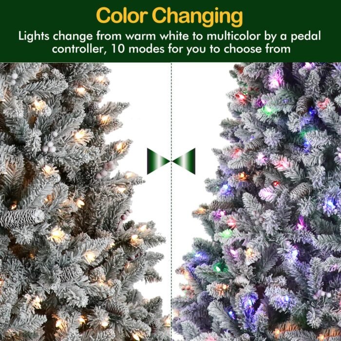 Hykolity 7.5 ft Prelit Snow Flocked Christmas Tree, Artificial Christmas Tree with Pine Cones and Berries, 450 Color Changing LED Lights, 1446 Branch Tips, Metal Stand and Hinged Branches, 10 Colors - Image 4