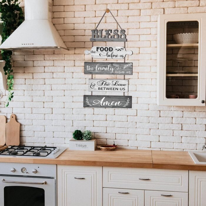 Buecasa Bless the Food Before Us Farmhouse Kitchen Wall Decor - Dining Room Decorations Collage Wall Art in White Grey Color - Wooden Rustic 5pcs Roped Sign 13x24 Inches Vertical - Image 4