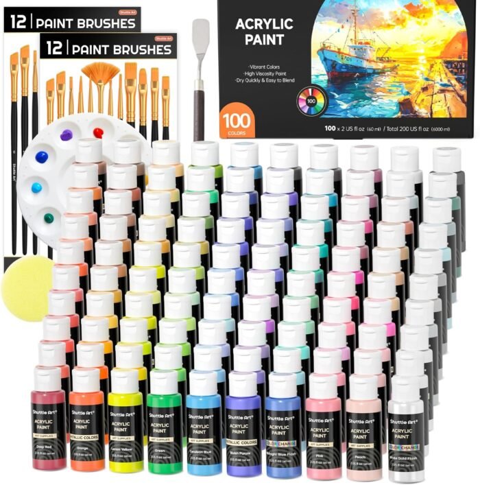 Shuttle Art 100 Colors Acrylic Paint, 2oz/60ml Bottles, Include 2 Sets of 12 Paint Brushes, 1 Art Sponge & Palette, Premium Acrylic Paint Set for Artists, Beginners & Kids on Canvas Rocks Wood Ceramic