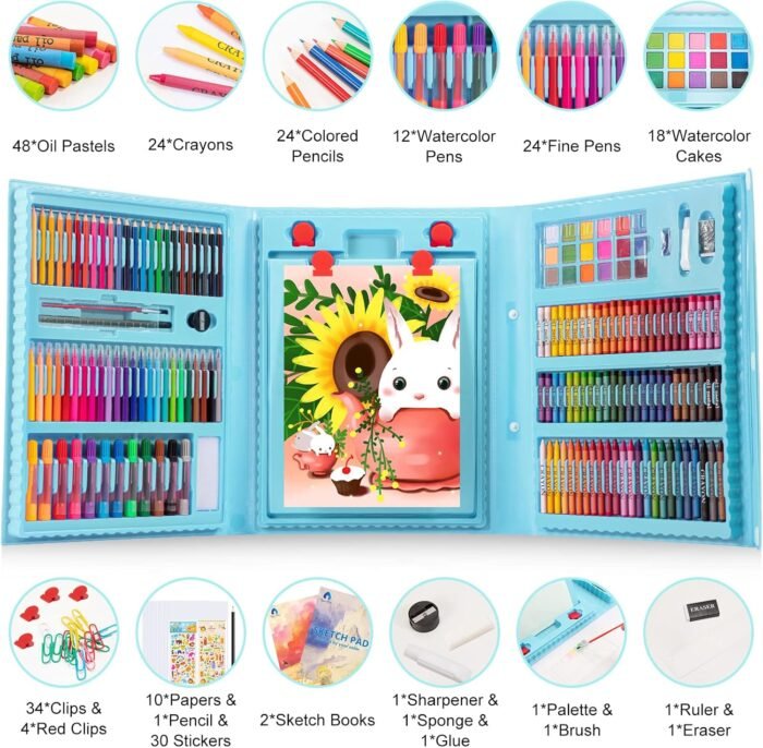 VigorFun Art Supplies, 240-Piece Drawing Art Kit, Gifts Art Set Case with Double Sided Trifold Easel, Includes Sketch Pads, Oil Pastels, Crayons, Colored Pencils, Watercolor Cakes, Stickers (Cyan) - Image 2