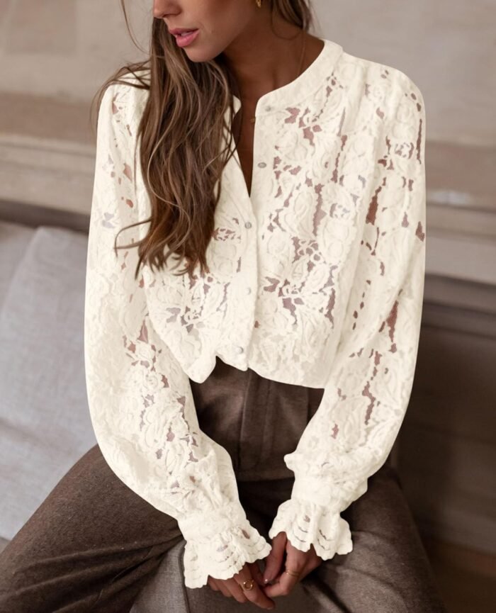 PRETTYGARDEN Women's Dressy Casual Lace Blouse Long Sleeve Button Up Shirts Tops Fall Fashion Clothes - Image 9