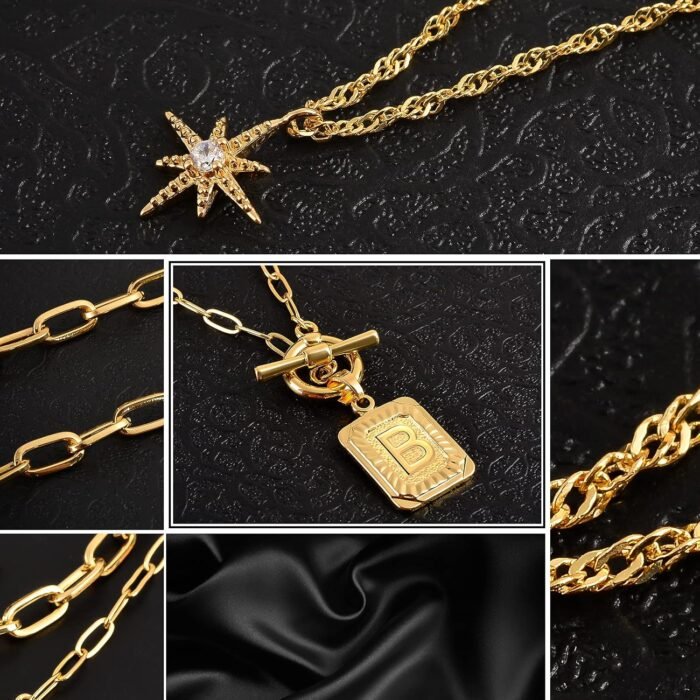 MJartoria Layered Initial Necklaces for Women Trendy, 14K Gold Plated Simple Star Choker Square Letter Pendant Necklace, Paperclip Chain Necklace, Gold Necklaces Jewelry Gifts - Image 3