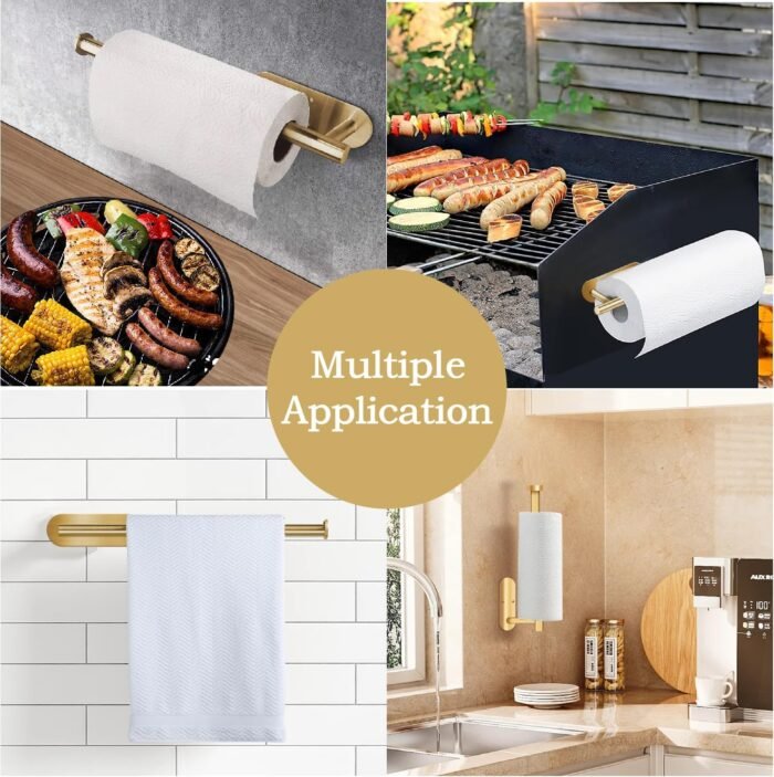 Self Adhesive Paper Towel Holder Under Cabinet Mount, Wall Mounted Paper Towel Roll Holder for Kitchen, Bathroom, Wall,BBQ Grill, Gold - Image 3