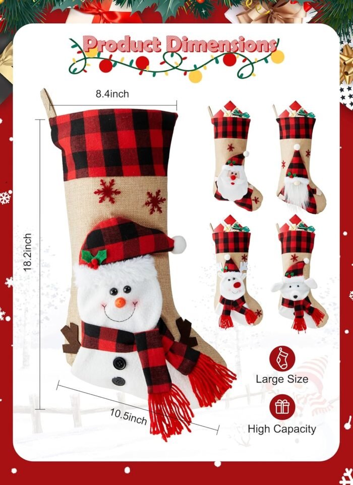 Minetom Christmas Stockings, 4 Pack 18 Inches Hanging Xmas Stocking with Personalized Name Tag, Snowman Deer Santa Gnome Burlap Plaid Stocking Holiday Christmas Decoration Gifts for Family Kids - Image 5