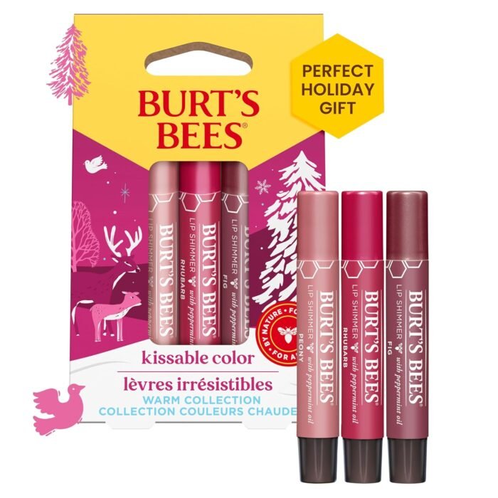 Burt’s Bees Shimmer Lip Tint Stocking Stuffers Set, Tinted Lip Balm, Moisturizing for All Day Hydration with Natural Glowy Pigmented Finish & Buildable Color, Kissable Color, Warm Collection (3-Pack)