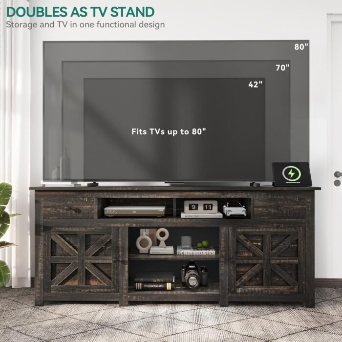 YITAHOME Farmhouse TV Stand 70 Inches, Entertainment Center with Power Outlet, Rustic TV Stands for Living Room, TV Console with Storage Drawers, Dark Rustic Oak - Image 6