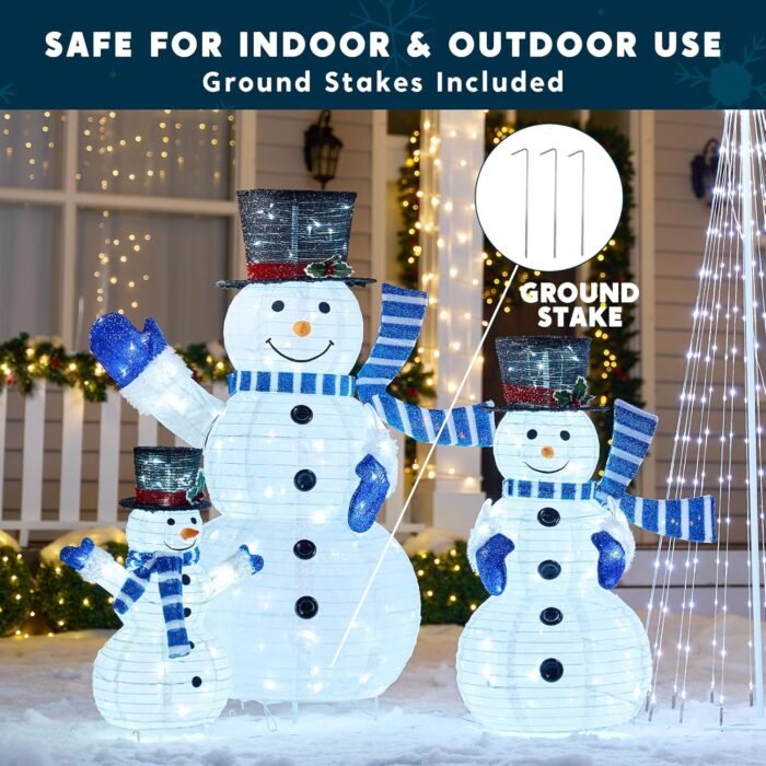 JOIEDOMI 3 Pcs 3D Christmas Collapsible Snowman Yard Light 270 Pre-Lit LED Cool White Lights for Indoor Outdoor Garden Holiday Décor, Christmas Event Decoration, Christmas Eve Night, Blue Scarf - Image 2
